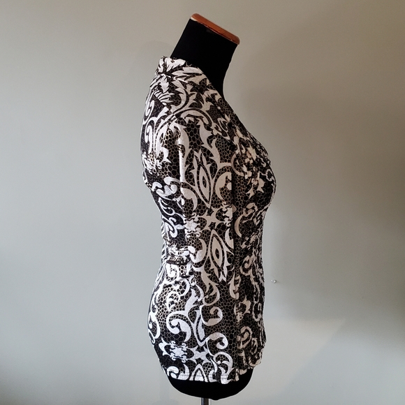 Joseph Ribkoff 8 Black Metallic Gold Sequins Gathered Pleated Square Neck Top - Picture 6 of 8